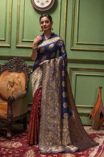 Picture of Navy Blue & Red Banarasi Silk Jacquard Woven Saree with Blouse