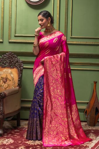 Picture of Pink & Purple Banarasi Silk Jacquard Woven Saree with Blouse