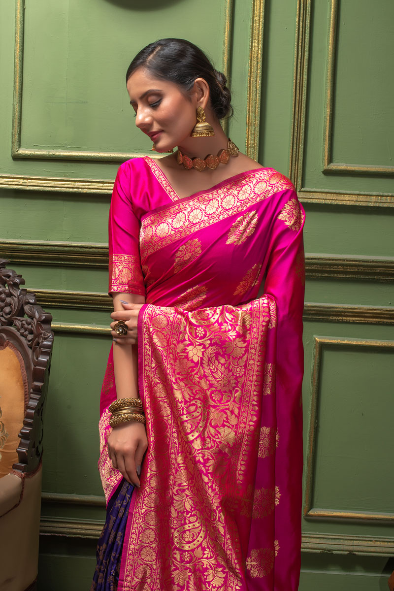 Picture of Pink & Purple Banarasi Silk Jacquard Woven Saree with Blouse