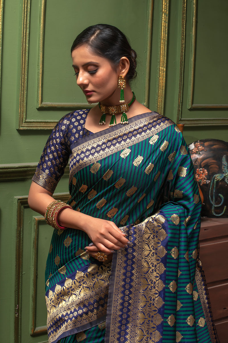 Picture of Navy Blue & Dark Green Banarasi Silk Jacquard Woven Saree with Blouse