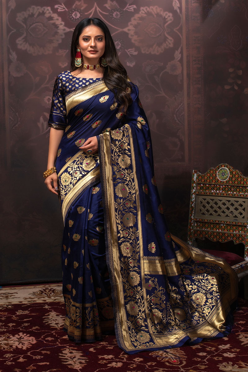 Picture of Navy Blue Soft Silk Jacquard Woven Saree with Blouse
