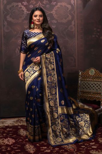 Picture of Navy Blue Soft Silk Jacquard Woven Saree with Blouse