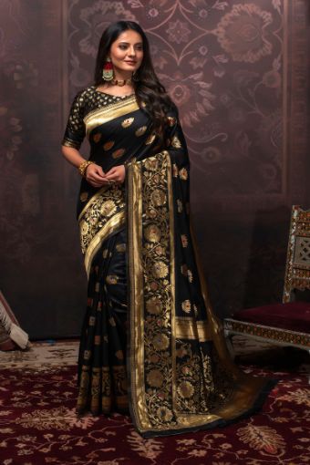Picture of Black Soft Silk Jacquard Woven Saree with Blouse