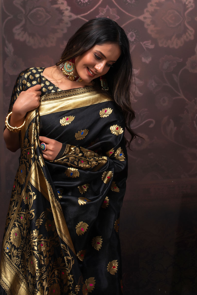 Picture of Black Soft Silk Jacquard Woven Saree with Blouse