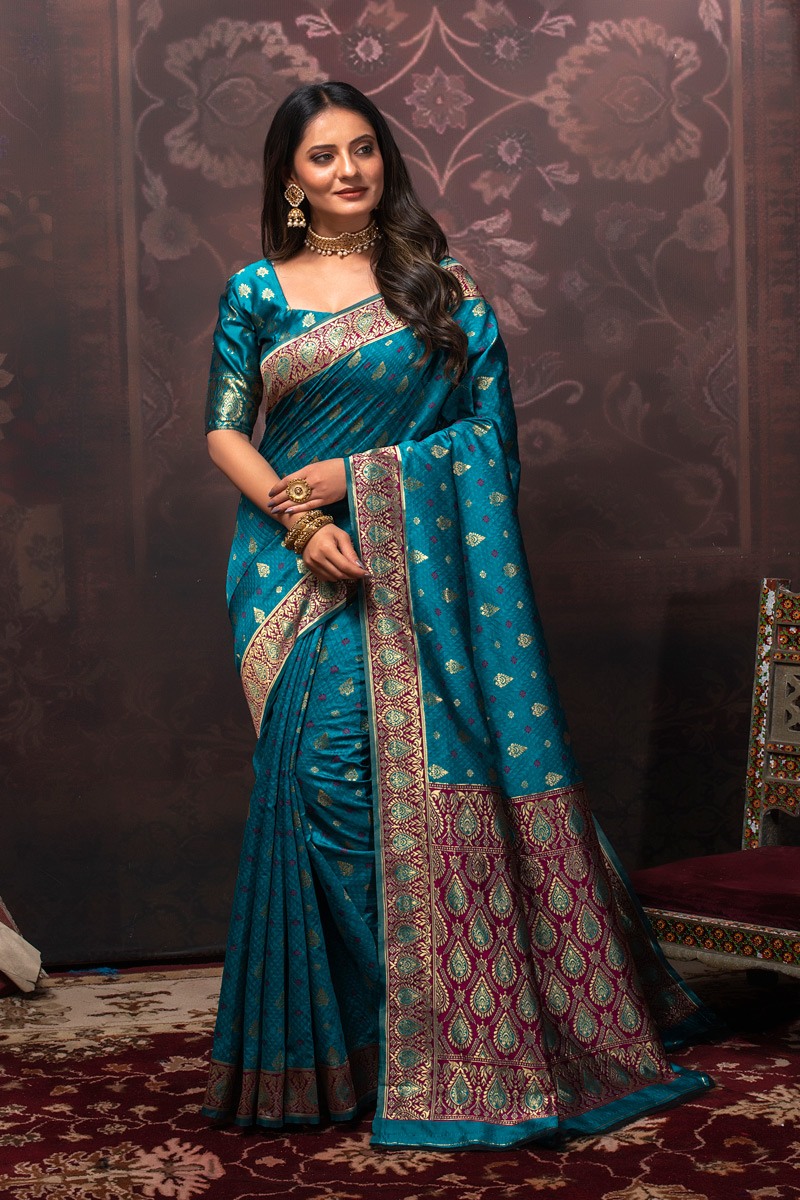 Picture of Blue Banarasi Silk Jacquard Woven Saree with Blouse