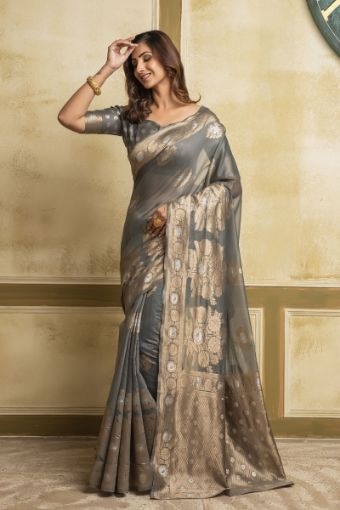 Picture of Grey Span Cotton Jacquard Woven Saree with Blouse