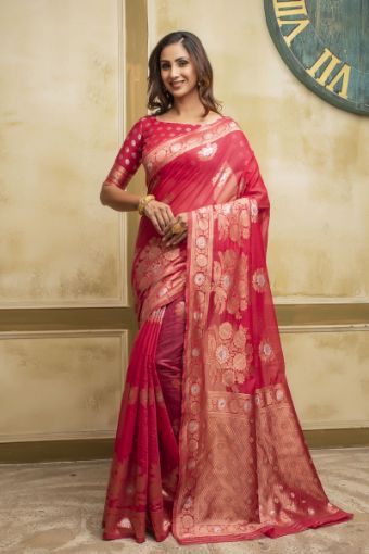 Picture of Rani Pink Span Cotton Jacquard Woven Saree with Blouse