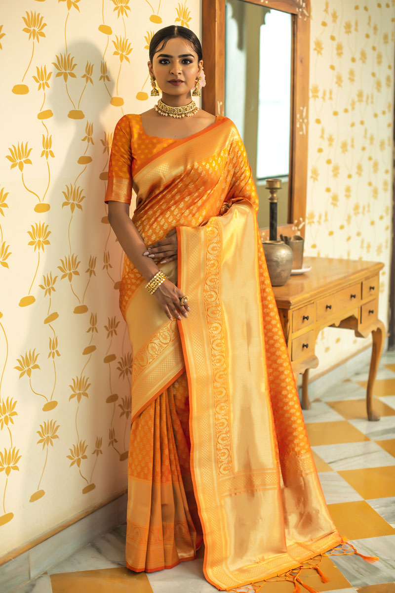 Picture of Mustard Banarasi Silk Jacquard Woven Saree with Blouse