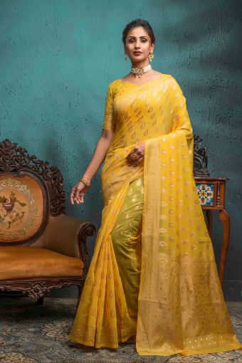 Picture of Sea Green Span Cotton Jacquard Woven Saree with Blouse