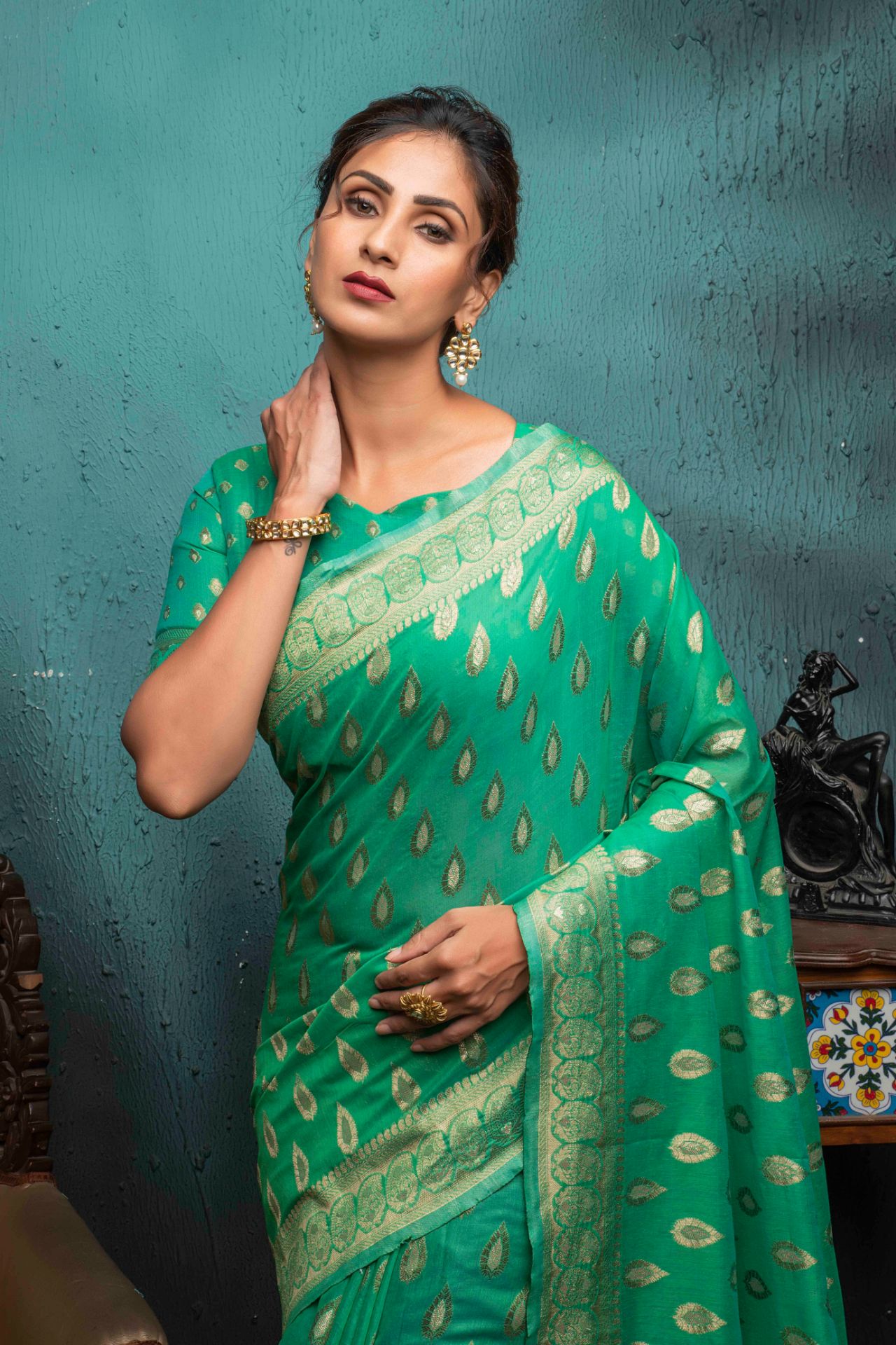 Picture of Sea Green Span Cotton Jacquard Woven Saree with Blouse