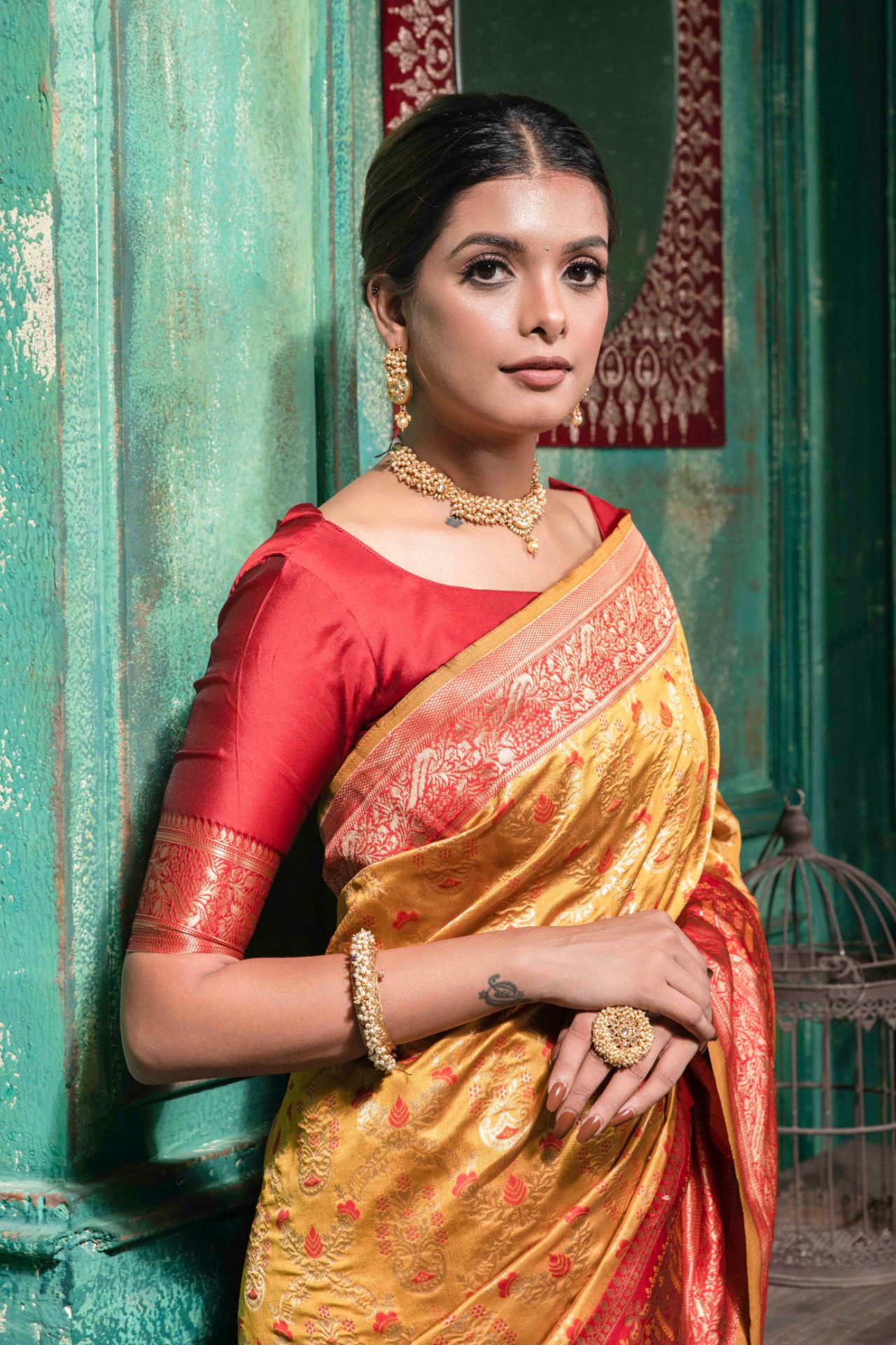 Picture of Mustard Banarasi Silk Blend Jacquard Woven Saree with Blouse