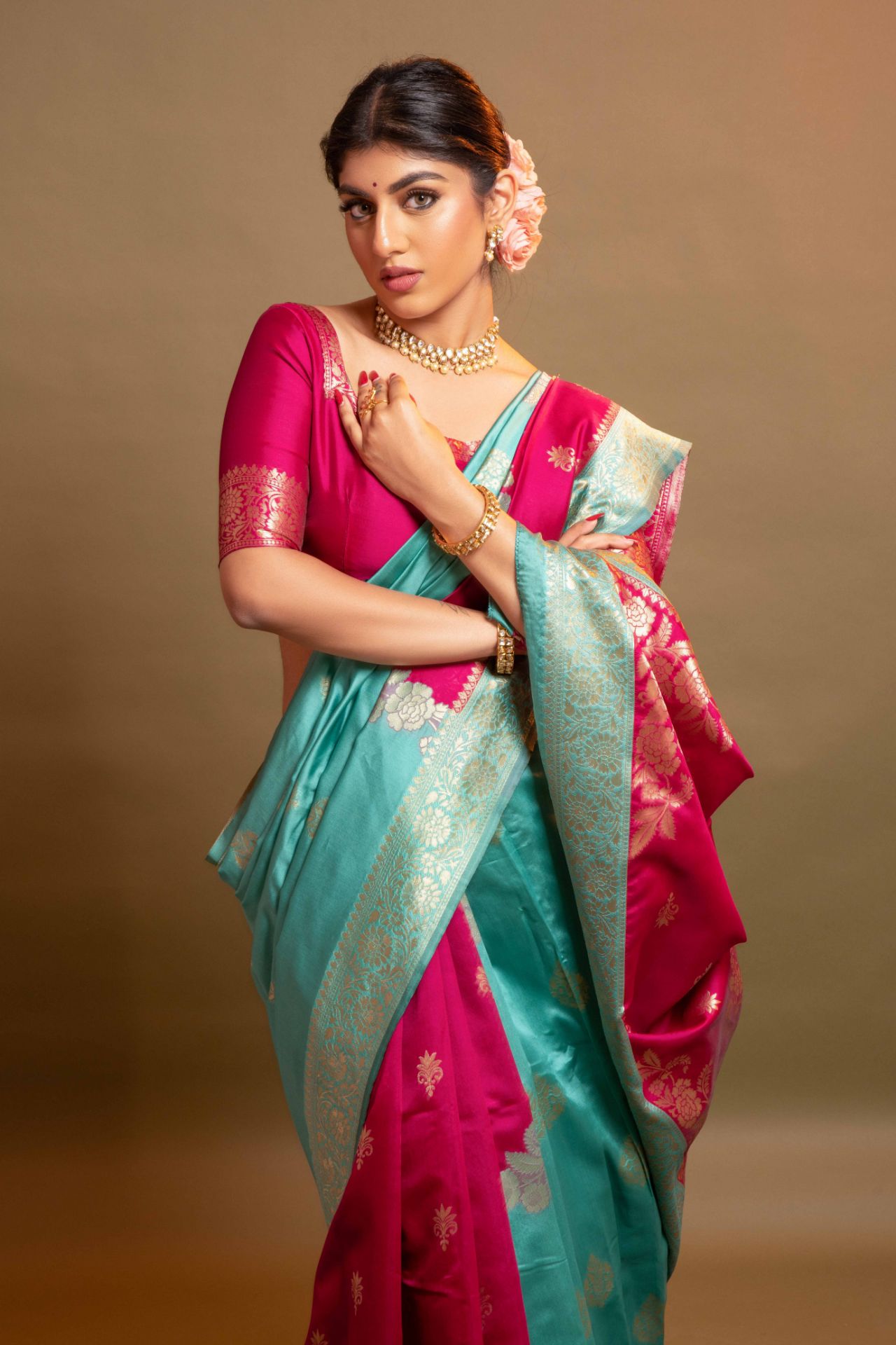 Picture of Mint & Rani Pink Banarasi Silk Blend Jacquard Woven Saree with Blouse