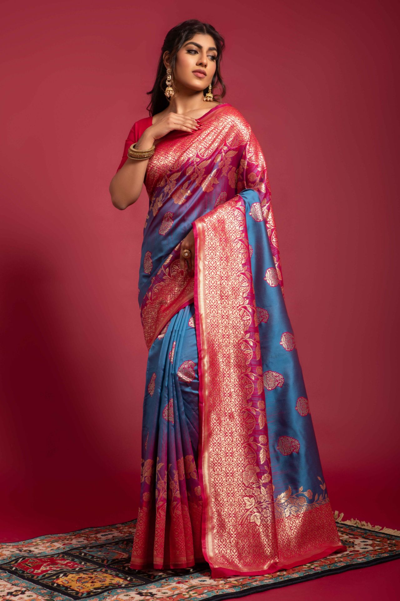 Picture of Blue Banarasi Silk Blend Jacquard Woven Saree with Blouse