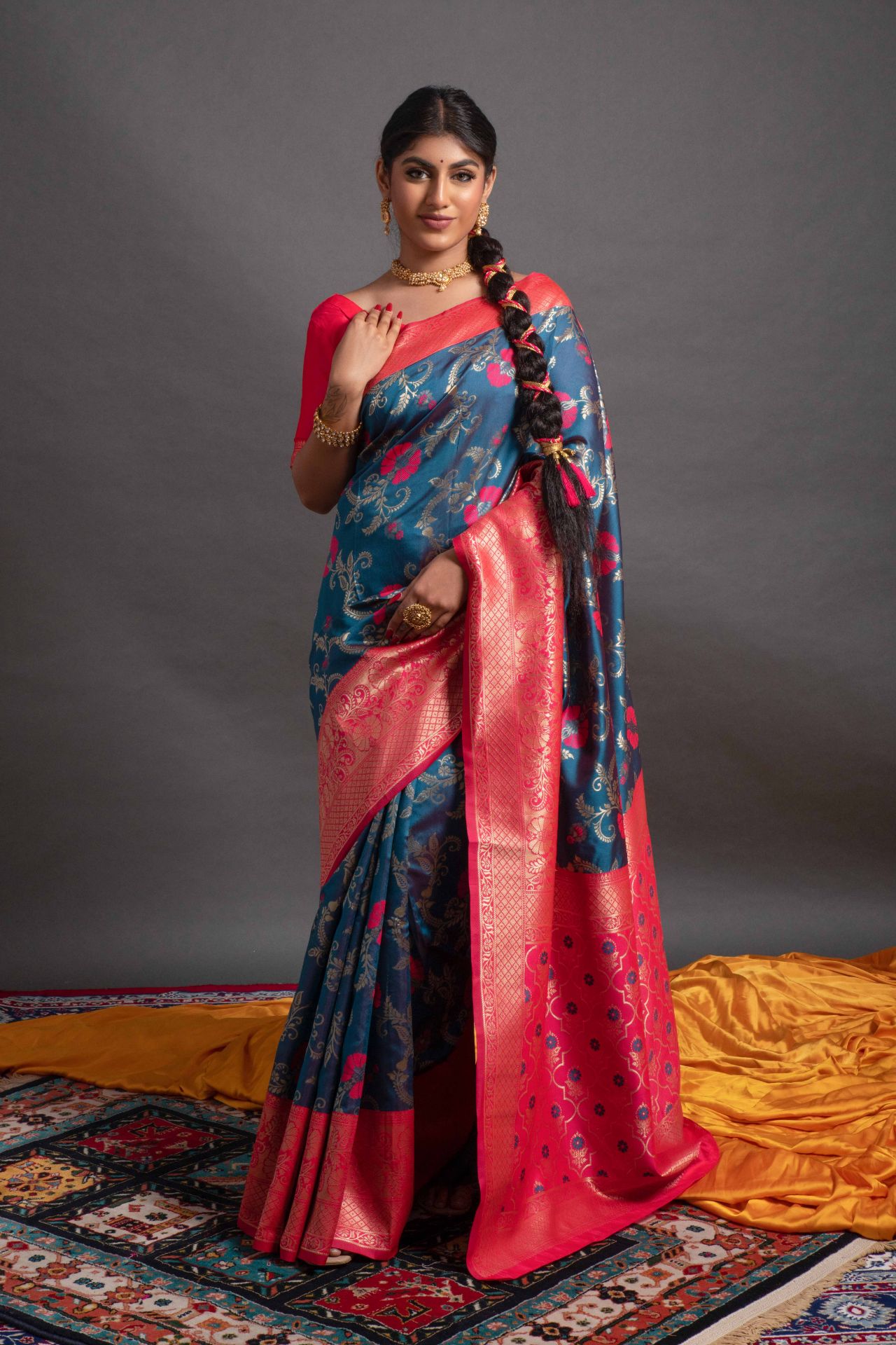 Picture of Ocean Blue Banarasi Silk Blend Jacquard Woven Saree with Blouse