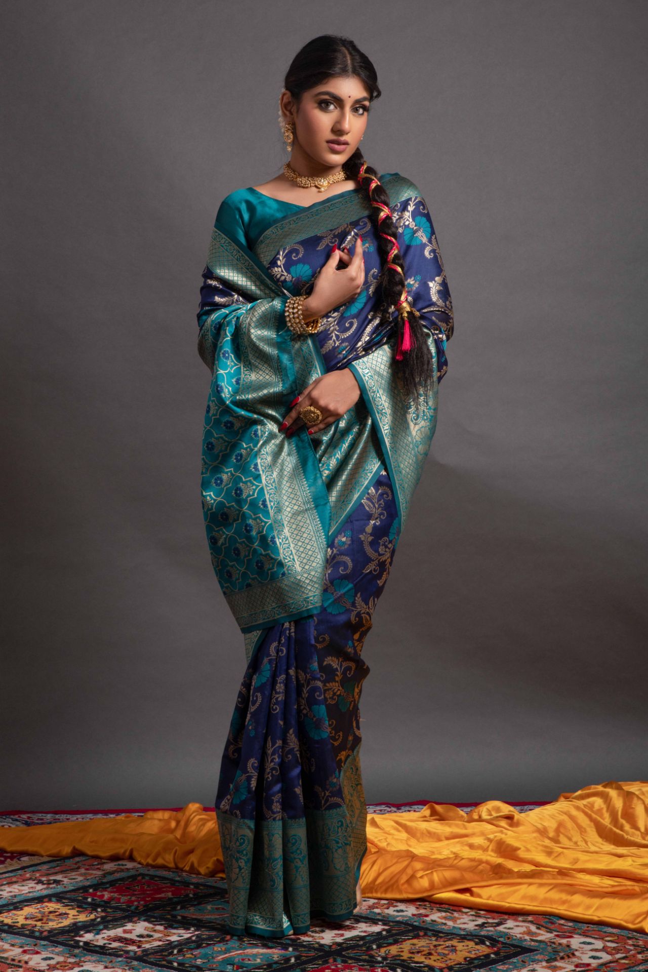 Picture of Navy Blue Banarasi Silk Blend Jacquard Woven Saree with Blouse
