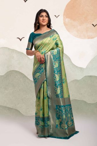 Picture of Pista Green Banarasi Silk Blend Jacquard Woven Saree with Blouse