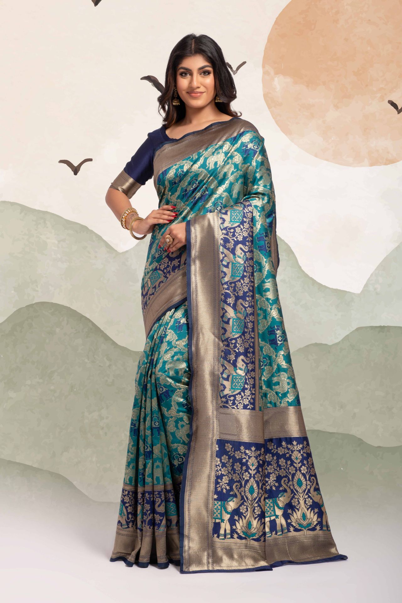 Picture of Teal Banarasi Silk Blend Jacquard Woven Saree with Blouse