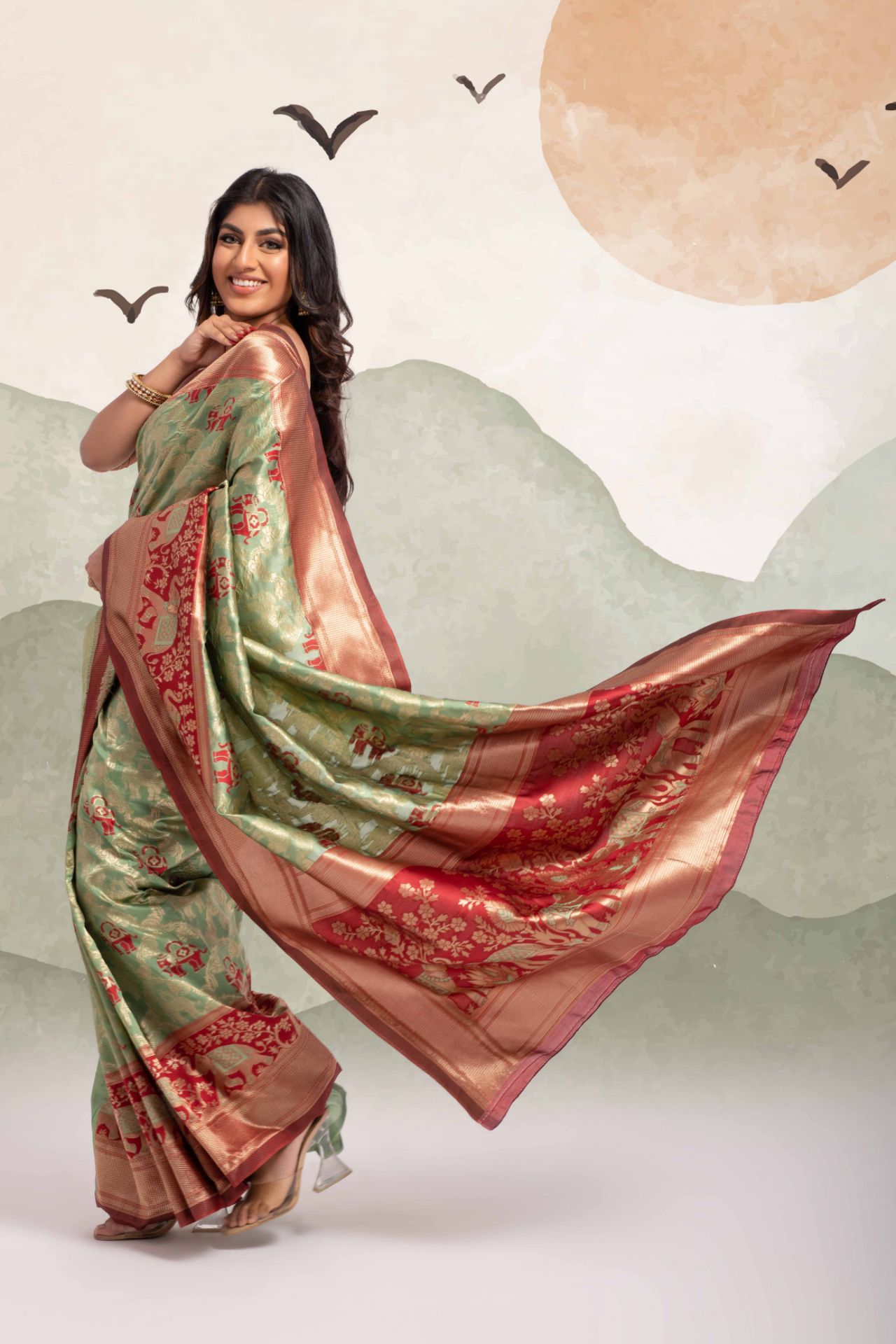 Picture of Light Green Banarasi Silk Blend Jacquard Woven Saree with Blouse