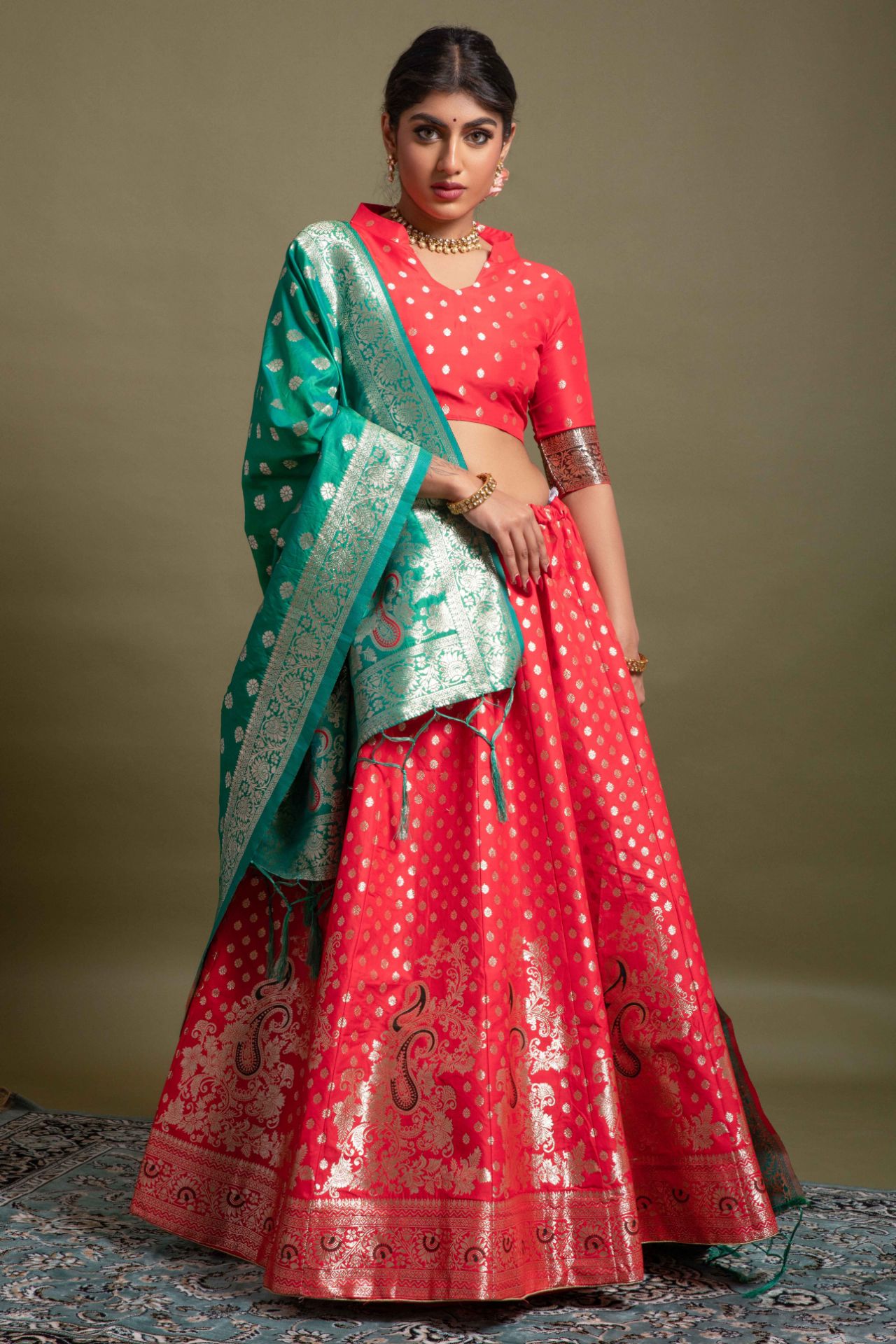 Picture of Red Banarasi Silk Jacquard Woven Lehenga Choli