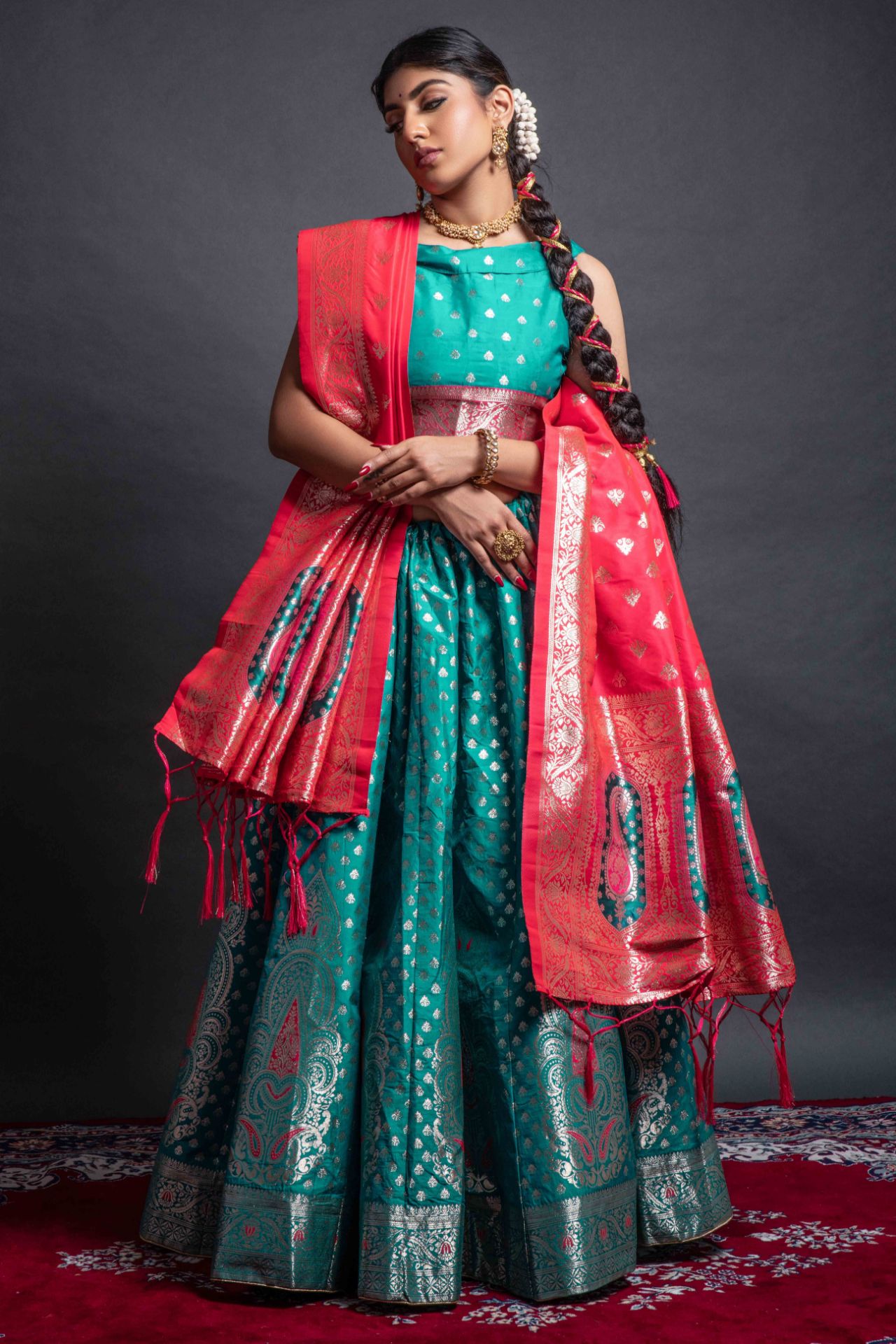 Picture of Rama Green Banarasi Silk Jacquard Woven Lehenga Choli