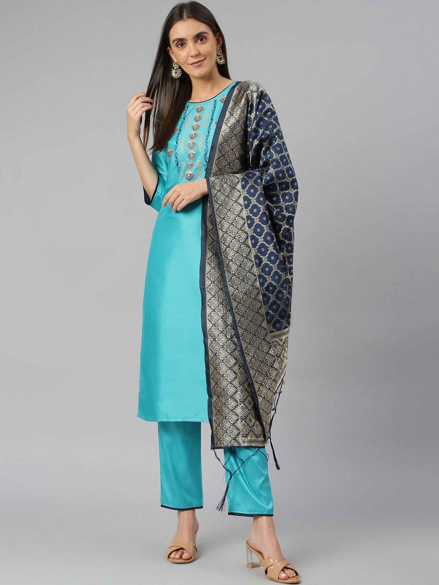 Picture of Sky Blue Slub Silk Blend Thread Embroidery Work on Top with Jacquard Dupatta Stitched Salwar Kameez